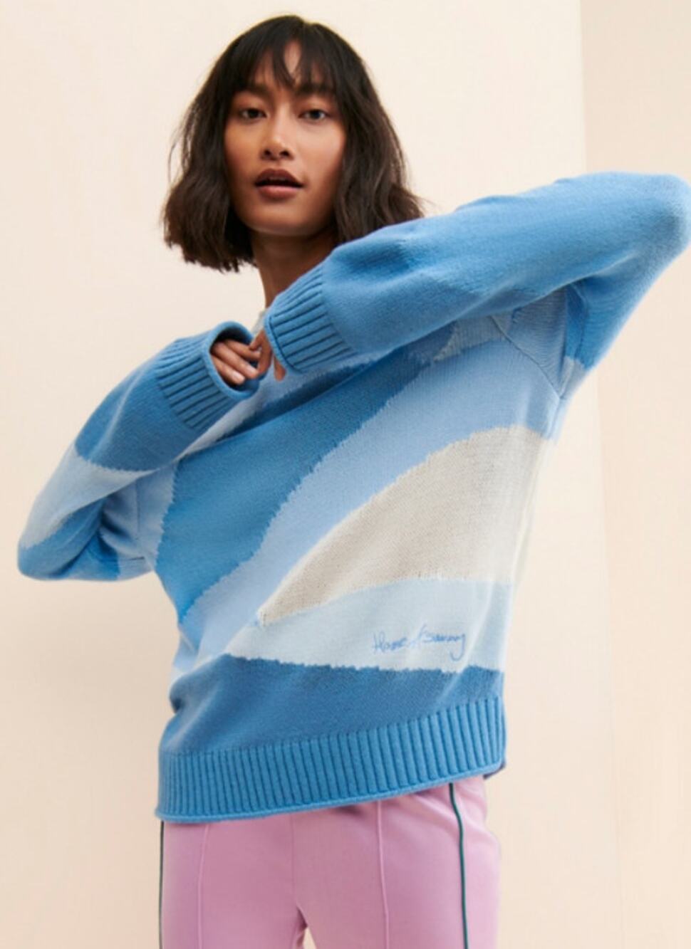 House of Sunny Kelly Landscape Sweater Abstract Wave Knit 70s Boho Embroidered
